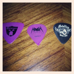 Tony Campos Bass Pick (Right) Reece Shruggs Guitar Pick (Center) Metallica Pick I got in a trade the same night (Right)